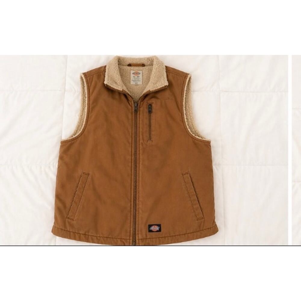 Dickies Sherpa Lined Work Vest Mens Large Brown Duck Canvas Zip Workwear Chore